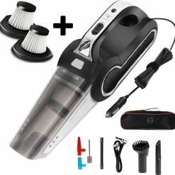 Promo 🛒 Essential Goods Kruimelzuiger - 2 In 1 Bandenpomp - Incl. Zaklamp - Draadloos - Luchtcompressor - Zwart - Inclusief 2x HEPA Filters ⌛