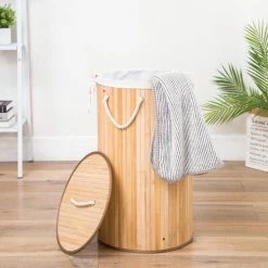 Groothandel 😍 Merkloos Decopatent® Grote Ronde Bamboe Wasmand Met Deksel - 80 L - Wasmand 1 Vak Met Stoffen Waszak - Opvouwbaar - Wassorteerder Rond ⭐