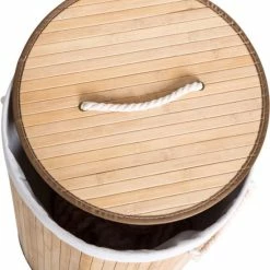 Groothandel 😍 Merkloos Decopatent® Grote Ronde Bamboe Wasmand Met Deksel - 80 L - Wasmand 1 Vak Met Stoffen Waszak - Opvouwbaar - Wassorteerder Rond ⭐ -Dyson-winkel 550x637