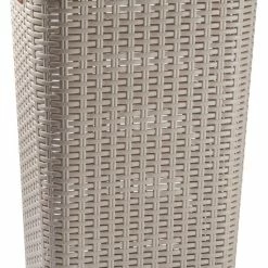 Goedkoop ✔️ Forte Plastics Grote Rotan Wasmand/opbergmand Met Deksel 60 Liter In Kleur Taupe - Kunststof - L35 X B43 X H62 Cm - Wasmanden ✨