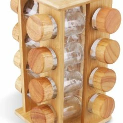 Korting 🎁 Nimma Kruidenrek - Inclusief 16 Kruidenpotjes - Staand Kruidencarrousel - Draaibaar Kruidenrekje Voor Kruiden Met Potjes - Bamboe 🧨