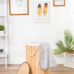 Groothandel 😍 Merkloos Decopatent® Grote Ronde Bamboe Wasmand Met Deksel - 80 L - Wasmand 1 Vak Met Stoffen Waszak - Opvouwbaar - Wassorteerder Rond ⭐ -Dyson-winkel 550x824 3