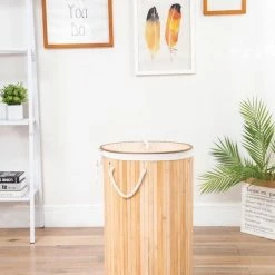 Groothandel 😍 Merkloos Decopatent® Grote Ronde Bamboe Wasmand Met Deksel - 80 L - Wasmand 1 Vak Met Stoffen Waszak - Opvouwbaar - Wassorteerder Rond ⭐ -Dyson-winkel 550x824 4